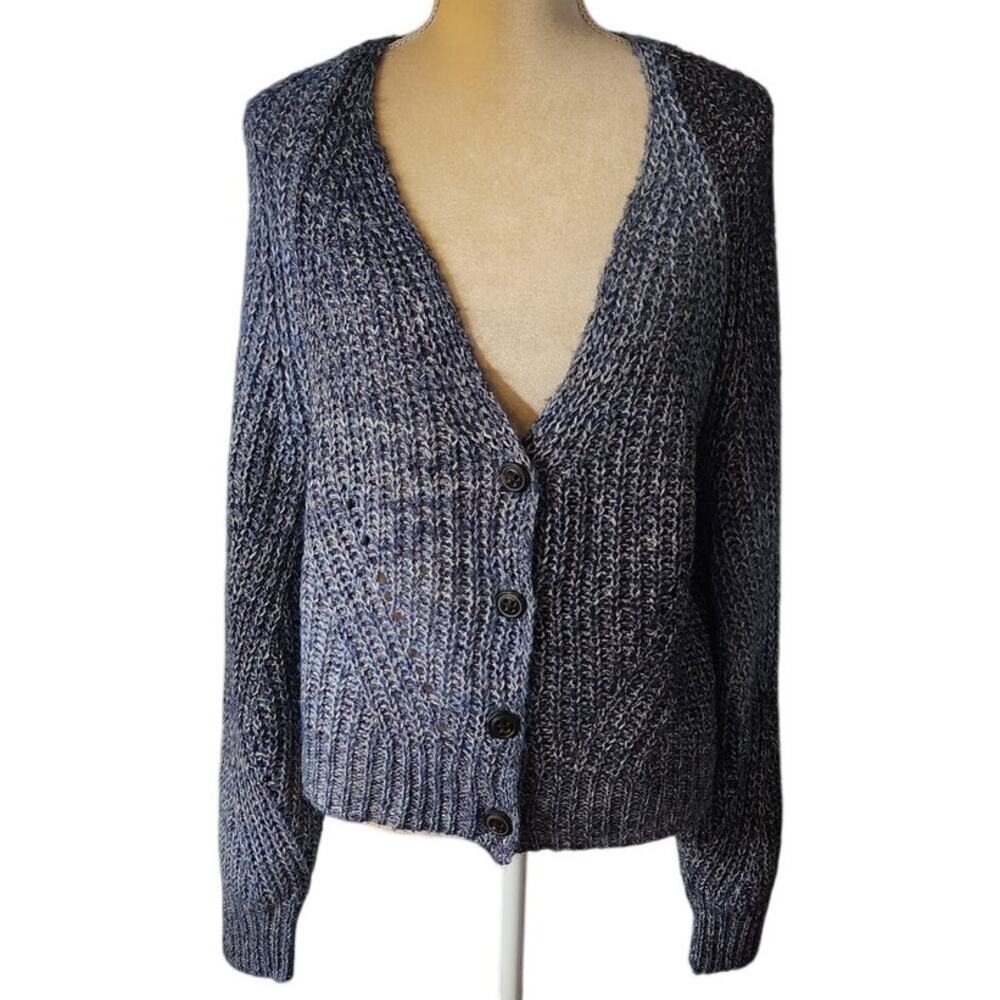 Natural Reflections Blue White Button Up Knit Wool Blend Cardigan Sweater Medium